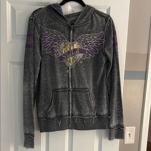 Sinful Charcoal Hoodie with Purple and Gold Wing Design